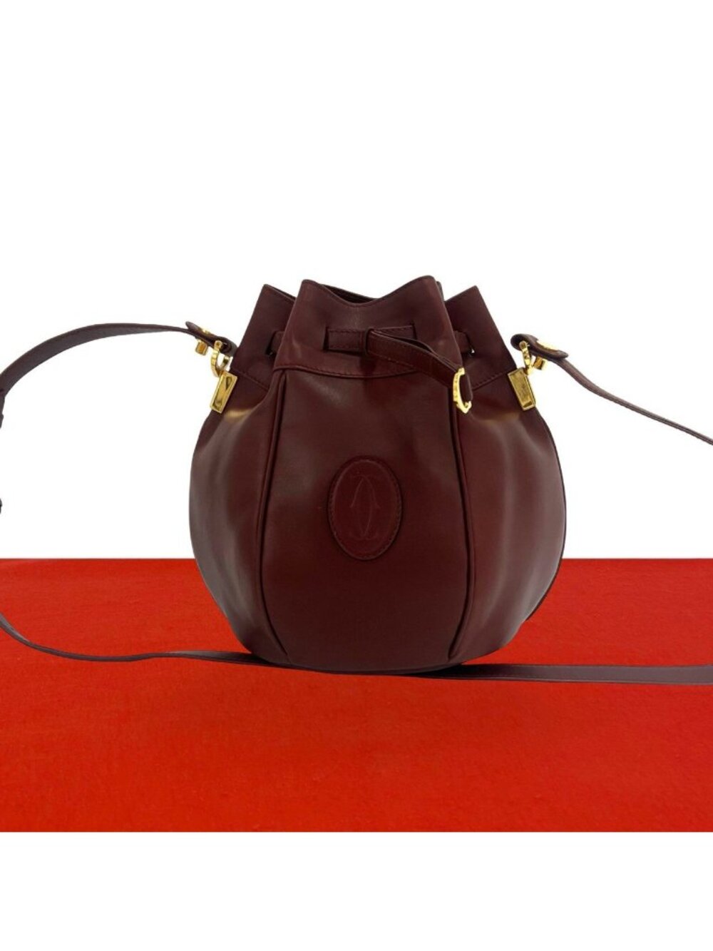 Cartier Vintage Must Line Logo Leather Drawstring Shoulder Bag Wine Red Bordeaux